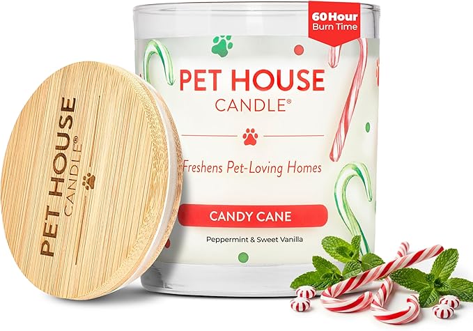 One Fur All Pet Candle 9 OZ Plant-Based Air Freshening Candle Clean Burning and Long Lasting with a 60 Hour Burn Time - Candy Cane