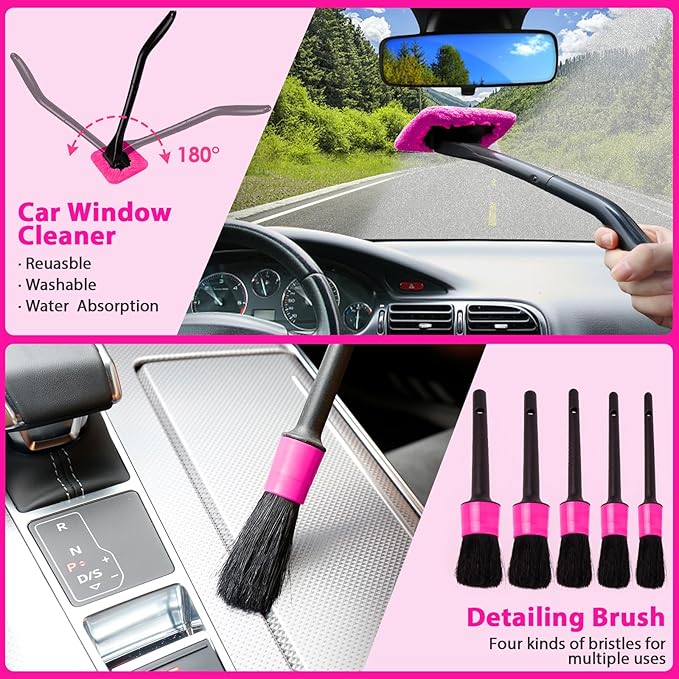 THINKWORK Car Detailing Kit Interior Cleaner Car Cleaning Kit with 8000PA Cordless Pink Handheld Vacuum Cleaner Car Interior Detailing Brush Set Pink Car Accessories Gift for Women