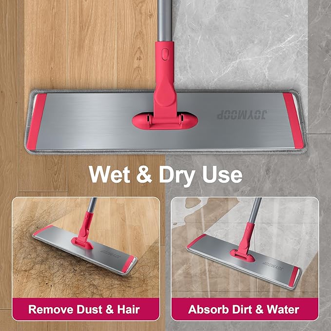 JOYMOOP 18 Inch Dust Mop for Hardwood Floors Heavy Duty Industrial Wet Dry Mops with Telescopic Handle Includes 3 Microfiber Mop Pads - Red-Grey