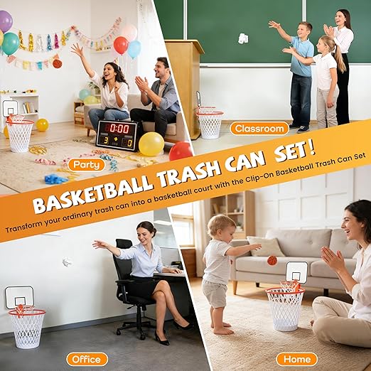 3pcs Basketball Trash Can with Basketball HoopMini Basketball Hoop Set Wastebasket Includes Clip On Basketball HoopFun Basketball Gift Garbage Can for Office Classroom Living Room Party Gym