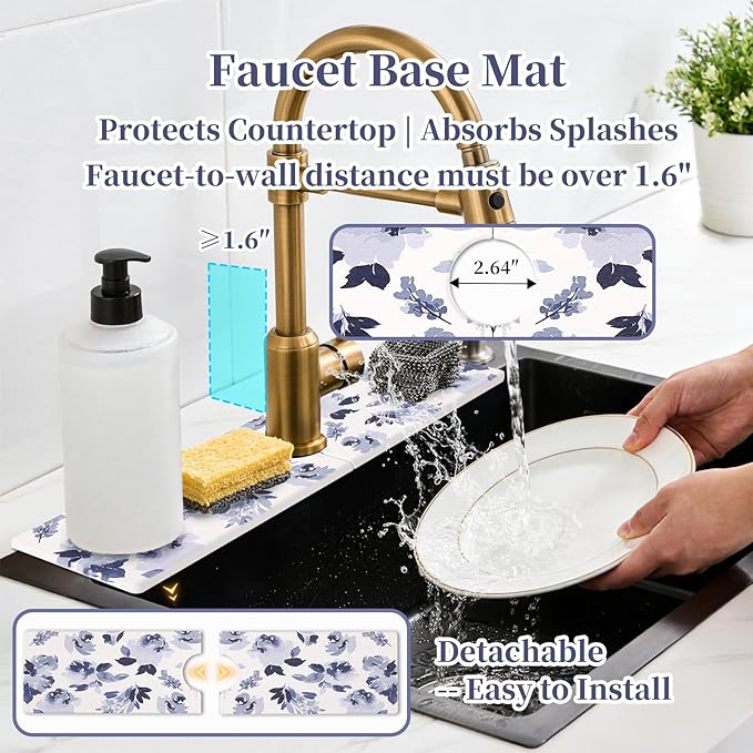 3 PCS Stone Dish Drying Mat for Kitchen Counter Quick Dry Foldable Stone Dishes Mats Water Absorbing Diatomaceous Earth Drying Organizer for Dishes Bottles Cups and Tableware (Blue)