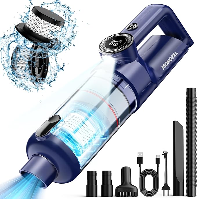 Handheld Vacuum Cordless - Car Vacuum Cleaner with Brushless Motor 15kPa Powerful Suction Vacuum with LED Light Type C Port 2 Fliters Portable Hand Vacuum for Home Pet and Car