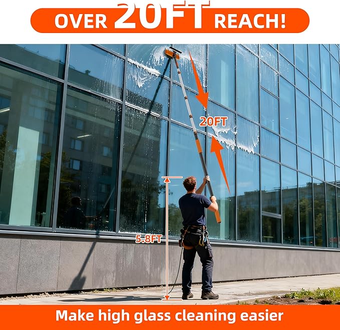 26FT High Window Cleaning Kit with Pole 2-in-1 Window Squeegee with 5-20 FT Telescoping Extension Pole - Professional Window Washing Kit with Long Handle Multi-Use Cleaning Tool for High Windows