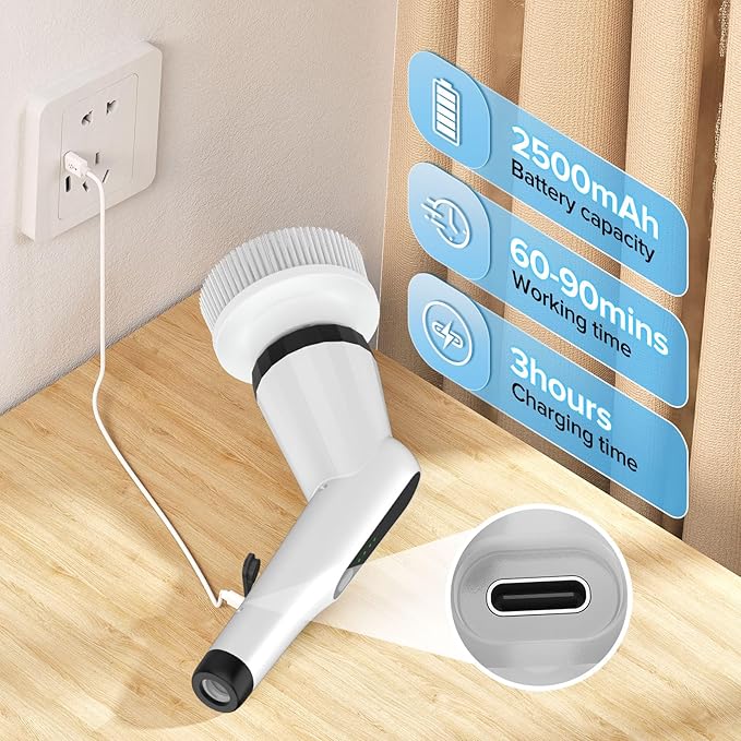 Electric Spin Scrubber Dreazu IPX7 Shower Scrubber with 7 Replaceable Brush Heads &amp Retractable Handle 2-Speed Adjustable Shower Cleaner for BathroomToilet Bathtub Kitchen Tile Floors