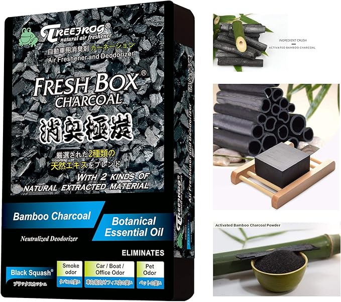 Tree frog xtreme Fresh Box Charcoal Black Squash Scent 4-Pack Car Air Freshener deodorizer and neutralizer air plus smelling great Black Bamboo Charcoal 200g.