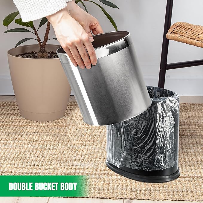 'Invisi-Overlap' Open Top Stainless Steel Trash Can Small Office Wastebasket Modern Home Décor Oval Shape