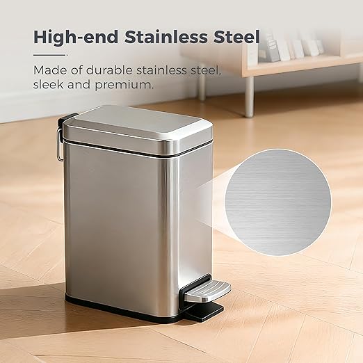 Sineng 1.6 Gallon Stainless Steel Slim Rectangular Pedal Trash Can with Soft Close LidSpace-Saving Waste Bin for BathroomBedroomDurable Pedal Step Trash canCompact Trash bin