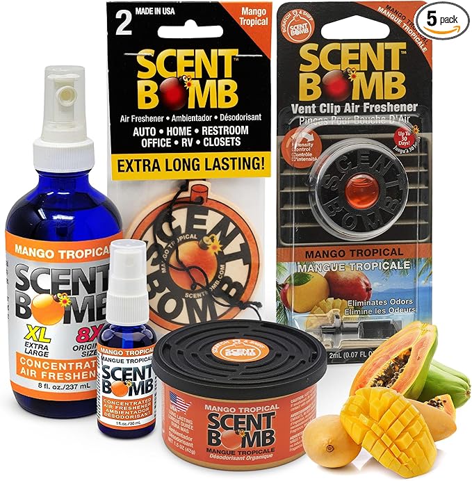 Scent Bomb Air Freshener Bundle - 1 oz &amp 8 oz Bottle Sprays Vent Clip Organic Cans Hanging Circle - Continuous Freshness &amp Long-Lasting Odor Eliminator for Car Home Bathroom - Mango Tropi