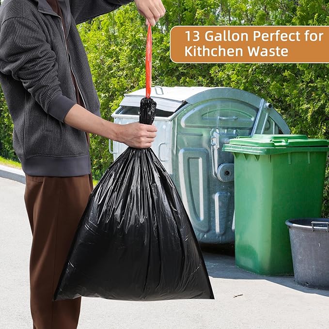 13 Gallon Plastic Bin Liner Bags Kitchen Drawstring Trash Bag Black Waste Bags 220 Counts