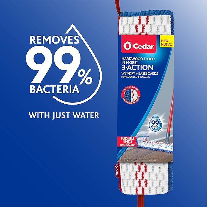O-Cedar Hardwood Floor 'N More 3-Action Mop with 1 Extra Refill | Microfiber Mop with 3pc Handle | Use Wet or Dry Red