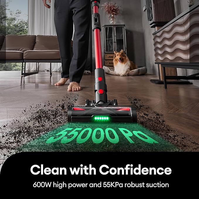 Ultenic Cordless Vacuum Cleaner 600W 55Kpa 60Mins Vacuum Cleaners for Home Cordless Stick Vacuum with 180°Bendable Wand Anti-Tangle Brush Charging Dock Vacuum for Pet Hair/Carpet/Floor/Car