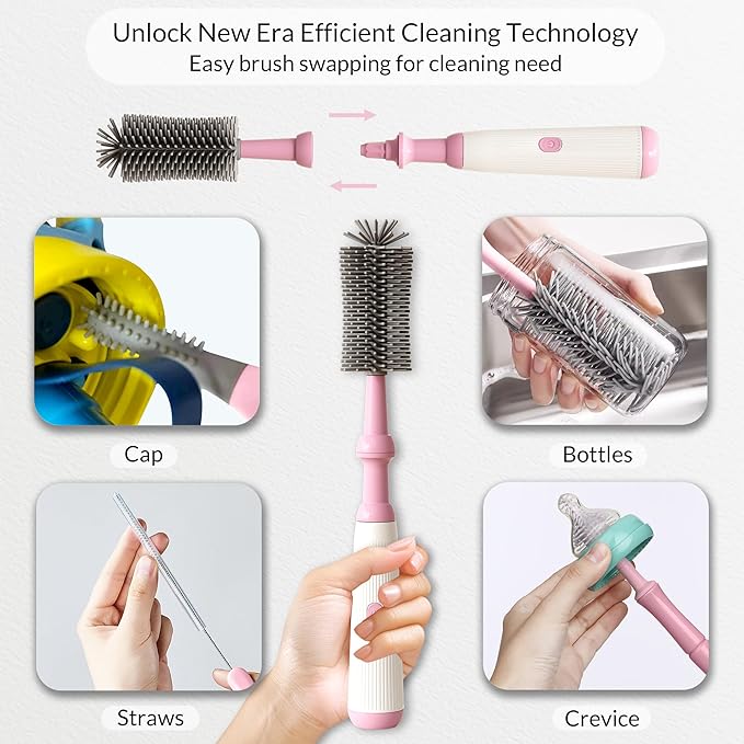 Powerful Electric Baby Bottle Brush Cleaner SetComplete with Silicone Bottle/Nipple/Gap/Straw BrushesPlus a Dispenser and Foldable Drying RackEffort Electric Cleaning BrushPortable Travel Set