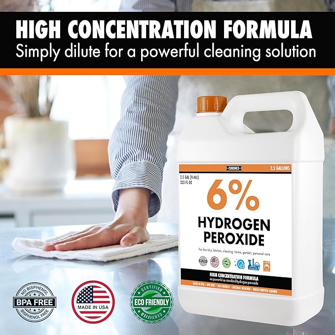 Chromex 6 Percent Hydrogen Peroxide Food Grade Home Kitchen Bath Cleaner Laundry Whitening 2.5 Gallons