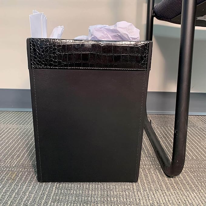 Dacasso 14 Quart Black Crocodile Embossed Leather Square Waste Basket/Trash Can - Luxury Executive Decor and Sophisticated Office Essential