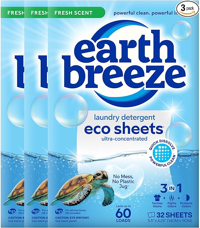 Earth Breeze Laundry Detergent Sheets Fresh Scent - 60 Loads per package. Eco Liquidless Soap - Travel-Friendly for Hot &amp Cold Cycles Tackles Tough Stains &amp Odors - Gentle on Skin 30 sheets