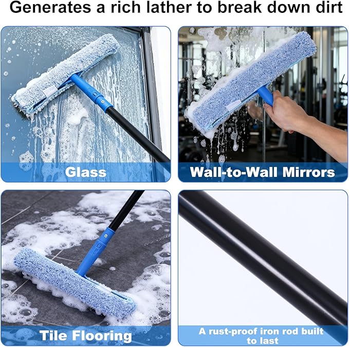 3-in-1 Professional Window Squeegee Kit with 2 Squeegee 2 Microfiber Scrubber 1 Razor Scraper Thick Iron 48.8 Window Squeegee with Extension Pole for Car Glass Mirror Wall Bathroom Home Van