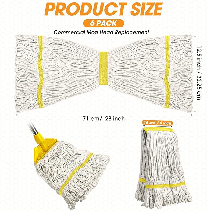 6 Pack Heavy Loop End Cotton String Mop Head Heavy Duty Mop Head Commercial Refills Mop Head Replacement for Home Industrial Commercial Floor Cleaning(White Yellow)