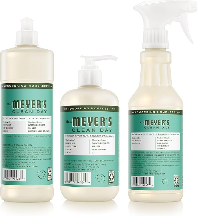 MRS. MEYER'S CLEAN DAY Kitchen Basics Set Basil Scent Cleaning Supplies includes Hand Soap (12.5 Fl Oz) Dish Soap (16 Fl Oz) and Multi-Surface Cleaner (16 Fl Oz)