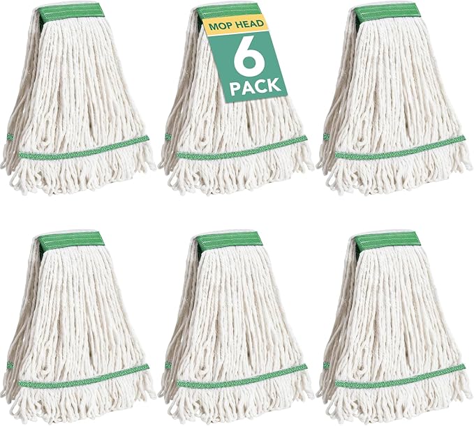 6 Pack Commercial Mop Head Replacement – Heavy Duty Mop Head for General and Floor Cleaning | Industrial Wet Mops | Washable Refill Reusable Looped End Mopheads | Hardwood Concrete（White）