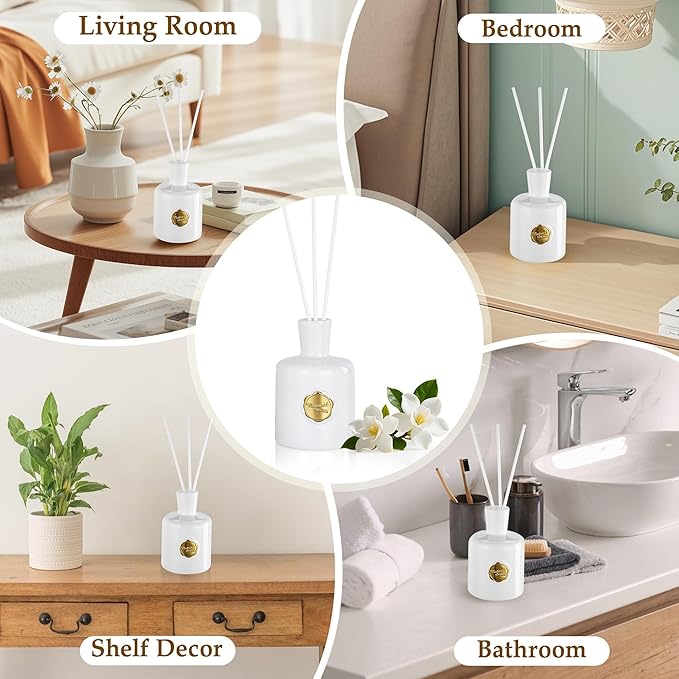 XEPTLE Reed Diffuser Set 7.04 oz Creamy Gardenia Scent Diffuser with 5 Sticks Long Lasting Air Freshener Essential Oil Reed Diffuser Home Fragrance for Office Bathroom Shelf Decor White