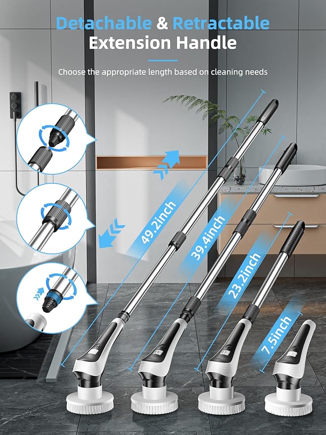 Electric Spin ScrubberCordless Shower Scrubber with Power Display ScreenIP68 Waterproof Bath Cleaning BrushAdjustable Extension Handle &amp 2 SpeedsElectric Cleaning Brush for BathroomKitchenTu