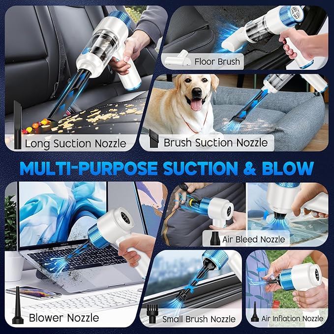 JONYJ Handheld Car Vacuum Cleaner 16000PA Hand Held Vacuum Portable Cordless 2 in 1 Air Duster and Vacuum Cleaner with LED Light Multi-Nozzles 120W High Power Mini Vacuum for Home Pet Office