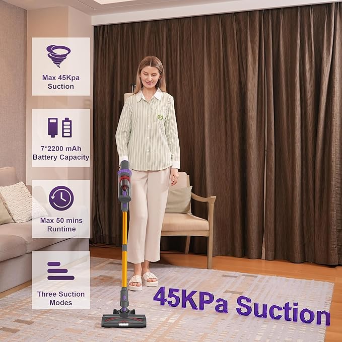 Cordless Vacuum Cleaner Stick Handheld Rechargeable Lightweight 4-in-1 Vacuum for Home Hardwood Floor Carpet Pet Hair Litter Cleaning 45KPa Suction 50Mins Running Time LED Display Screen