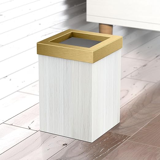 Gatco Small Bathroom Trash Can with Lid Square 3 Gallon Wastebasket Under Sink White Oak with Brushed Brass for Bathroom Bedroom Office (1936B)