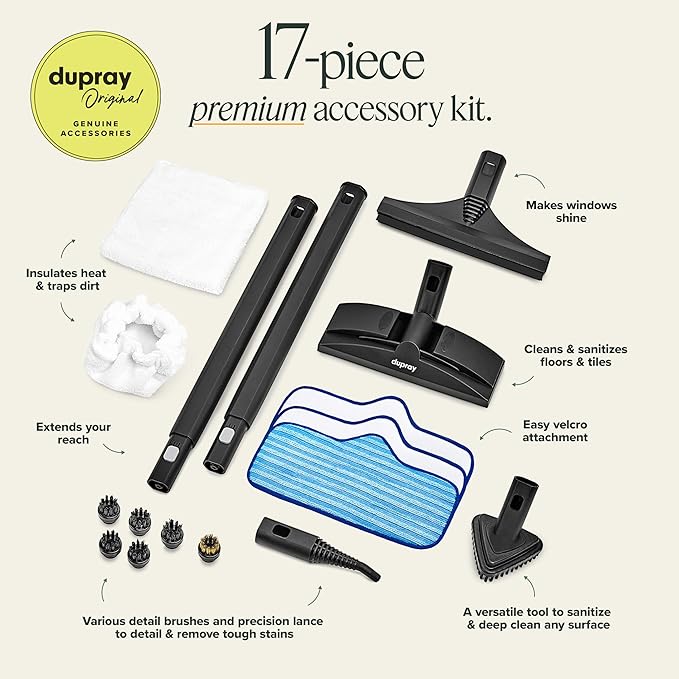 Dupray Neat Plus Steam Cleaner with 17-Piece Accessory Kit. A powerful multi-purpose steamer designed for deep cleaning floors upholstery grout and more. *Kills 99.9% of Bacteria &amp Viruses