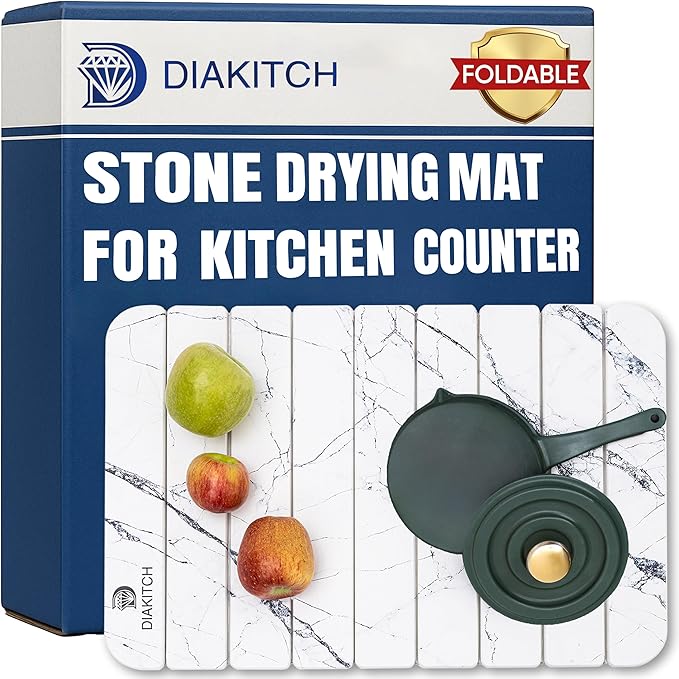 Stone Drying Mat for Kitchen Counter – Super Absorbent Stone Dish Drying Mat Foldable &amp Quick Dry Diatomaceous Earth Mat for Dish &amp Bottle Ideal for Kitchen - 23.6 x 15.4 White