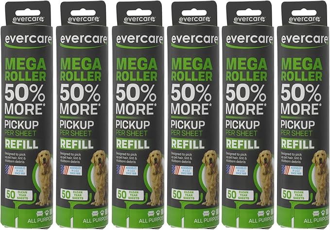 Evercare Pack of 6 10 Wide Large Surface Mega Pet Roller Refill 50 Sheets Each (300 Sheets Total)