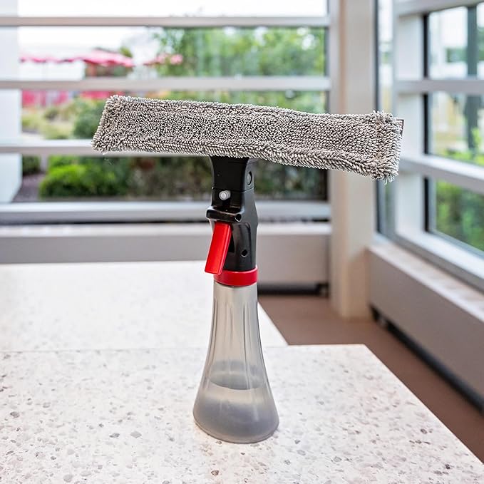 Libman 3-in-1 Window Squeegee Spray Tool – Spray Bottle with Microfiber Scrubber and Rubber Blade – All-in-One Glass Cleaner – Streak-Free Shine – Machine-Washable – Easy Storage &amp Use