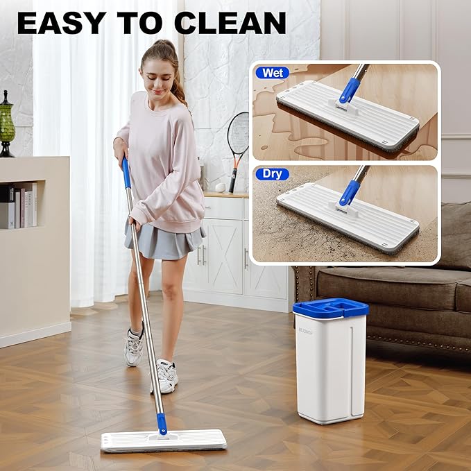 Mop and Bucket Set Mops for Floor Cleaning with Long Handle Squeeze Flat Mop and Bucket System Dry &amp Wet Dust Mops for Household Floor Cleaning with 3 Microfiber Mops Slate Blue