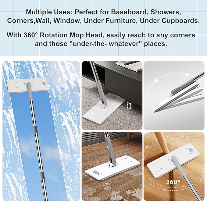 Flat Mop and Bucket with Wringer Set Hands-Free Floor Mop and Bucket with 3 Reusable Washable Microfiber Pads and 66 Stainless Steel Handle Wet and Dry Use for Home Floor Cleaning