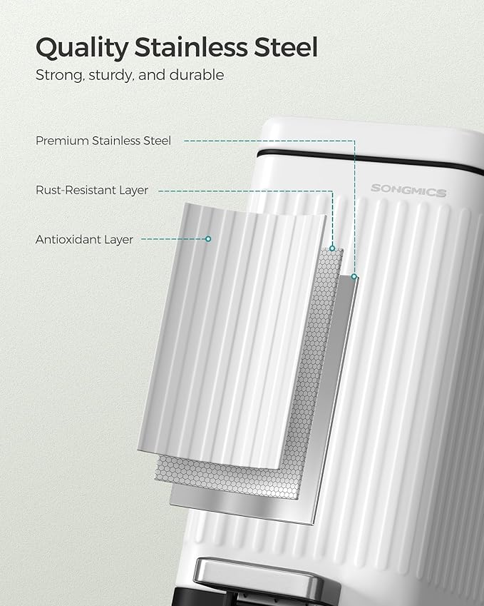 SONGMICS Bathroom Trash Can 2.6-Gallon (10 L) Trash Bin with Lid Slim for Small Spaces Stainless Steel Garbage Can Soft Close White ULTB562W01