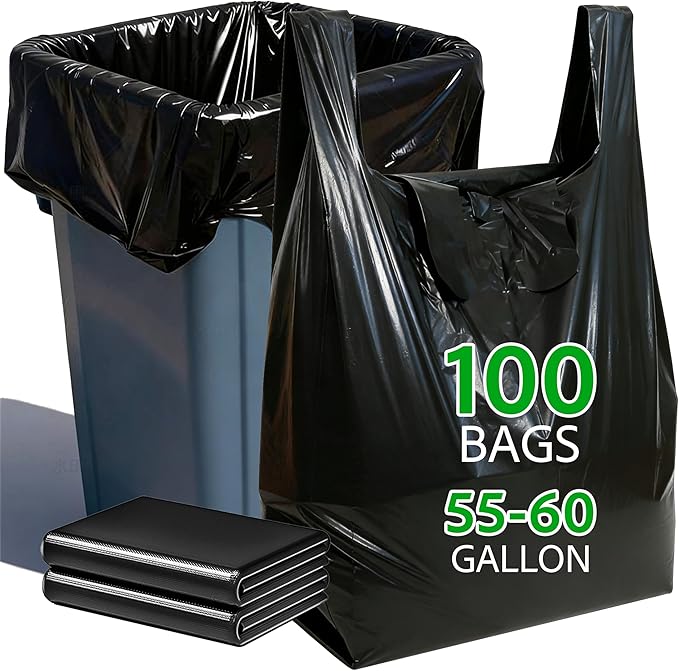 TREWAVE 100 Count 55-60 Gallon Trash Bags with Handles Heavy-Duty Thick Large Black Garbage Bags 50 Mic Jumbo Size Plastic T Shirt Bag for Outdoor Yard Construction Industrial and Commercial Use