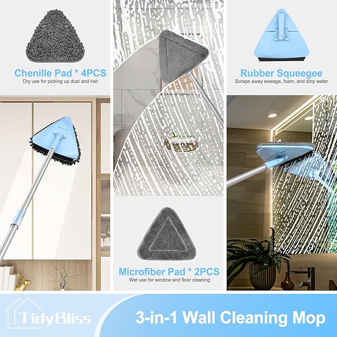 Wall Cleaner Mop with 80” Long Handle 360° Swivel Ceiling Duster Scrubber with Collapsible Head Baseboard Cleaning Tool with 4 Chenille and 2 Microfiber Pads for Windows Floor (Blue)