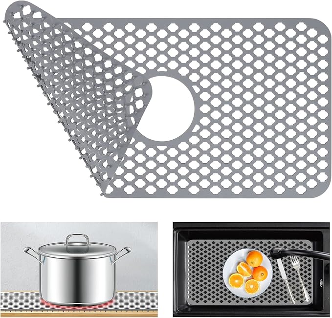 Kitchen Sink Protectors 24x12 Heat Resistant Mat for Stainless/Porcelain Sink No-Slip Grid (Grey)