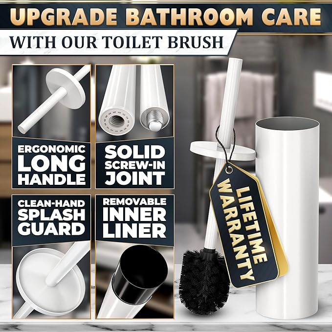 Stainless Steel Toilet Brush and Holder Set White - Long Handle Toilet Bowl Cleaner Brush and Holder - Removable Inner Liner Shiny Design Splash Protection &amp Dense Bristles for Bathroom Cleaning