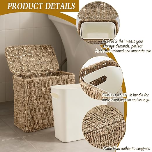 Wicker Trash Can with Lid and Liner Bathroom Trash Can with Lid Natural Water Hyacinth Wicker Waste Basket Boho Rattan Garbage Wastebasket for Bedroom Living Room Office Kitchen