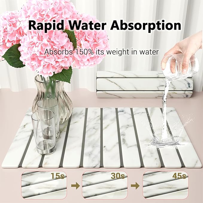 HavenMat – Large Stone Dish Drying Mat (24”x16”) with Bamboo Rack &amp Brush | Quick-Dry Diatomite Counter Mat for Dishes Glassware Plants &amp Pets | Grey Kitchen Drying Stone (Marble)