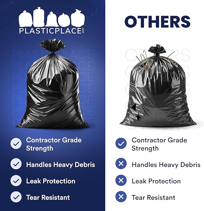 Plasticplace Contractor Trash Bags 42 Gallon 3.0 Mil Rolls Black Heavy Duty Garbage Bag 33.6” x 47.6” (32 Count)