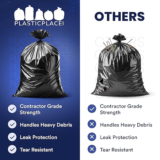 Plasticplace Contractor Trash Bags 42 Gallon │ 3.0 Mil │ Flaps │ Black Heavy Duty Garbage Bag │ 33” x 48” (50 Count)