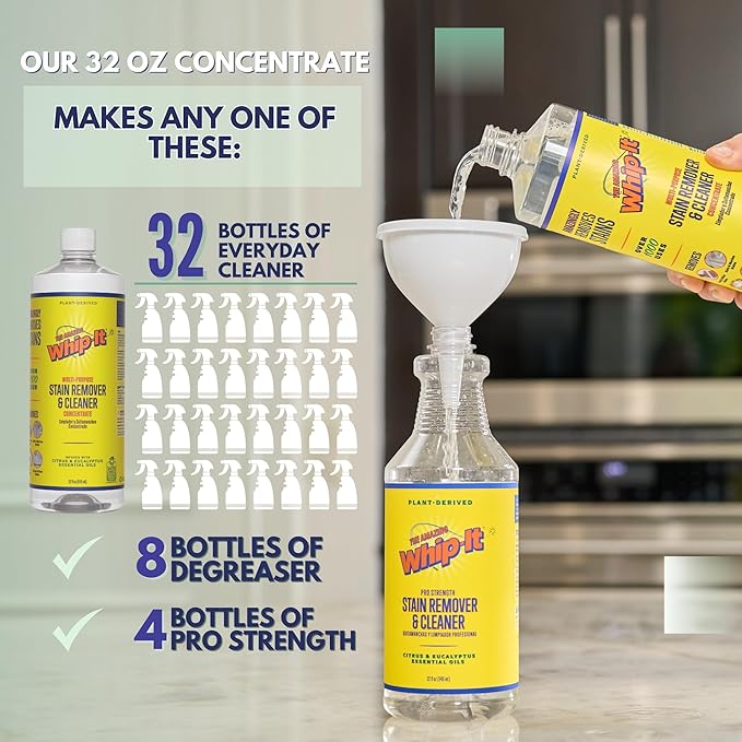 Whip It Cleaner Multi Purpose Stain Remover CONCENTRATE Makes 32 Bottles Plant Based Enzyme Cleaner Cleaning Food Grease Coffee Wine Baby Stains pet stains Over 500 uses Made in USA 32 OZ