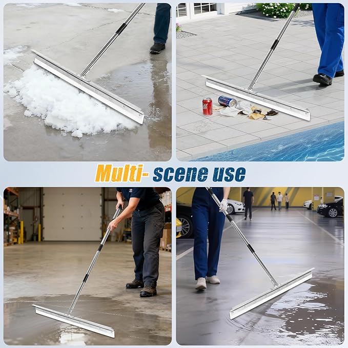 CAROD 33.4 Large Floor Squeegee for Concrete Commercial Heavy Duty Silicone Blade Squeegee for Floor with 63 Stainless Handle Anti-Splash Curved Baffle for Garage Factory and Tough Cleaning Jobs