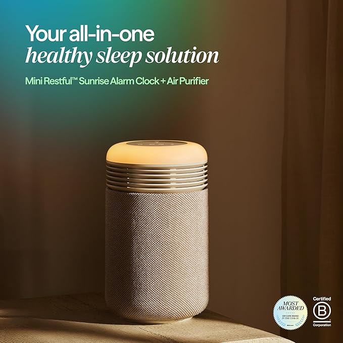BLUEAIR Purifier for Bedroom - Mini Restful - Sunrise Clock with HEPASilent Filtration and Wake Up Light - Cleans Air and Supports Circadian Rhythm - USB-C and App Connectivity Beige