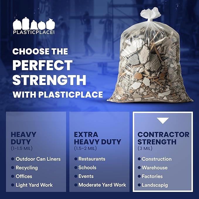 Plasticplace 42 Gallon Contractor Trash Bags │ 4.0 Mil │Clear Heavy Duty Garbage Bags │ 33 x 48 (50 Case)