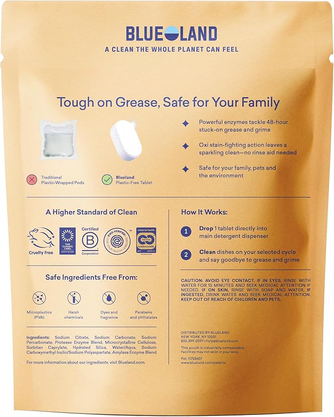BLUELAND 100% Plastic-Free Dishwasher Detergent Tablets 120 Count Lemon Zest Scent Eco Friendly Dishwashing Pods Natural USDA Certified biobased