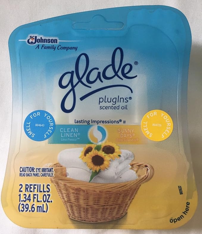 4 GLADE PLUGINS SCENTED OIL REFILLS 2 CLEAN LINEN / 2 SUNNY DAYS SEALED PACKS