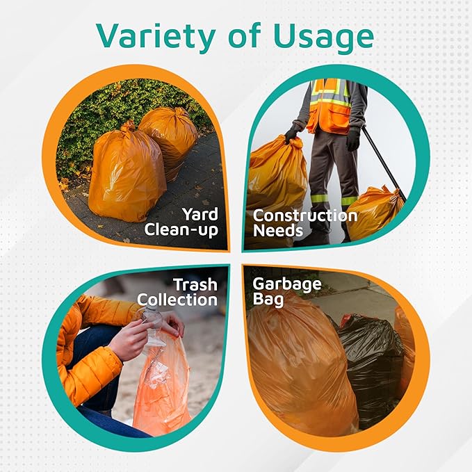 PlasticMill Contractor Bags Heavy Duty - Commercial Industrial Garbage Bags - Orange Construction Trash Bags - Outdoor Garden Trash Bags 42-Gallon 3 Mil 33x48 (50-Count)